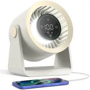 Ausic Powerful Desk Fan Utra-quiet for Bedroom, 15200mAh Small Turbo Bedside Fans for Cooling and Sleep, Personal Battery Powered USB Fans With LED Light, Digital Display, 105° Tilt (White)