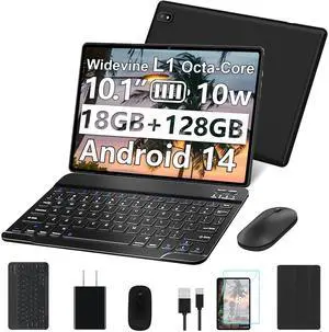 DMOAO 2025 Tablet Android 14 Tablets with 128GB ROM+18GB RAM, 1TB Expand 2 in 1 10.1 Inch Tablet with Keyboard, Powerful Octa-Core, WiFi 6, BT5.0, 6000mAh, Widevine L1, Black