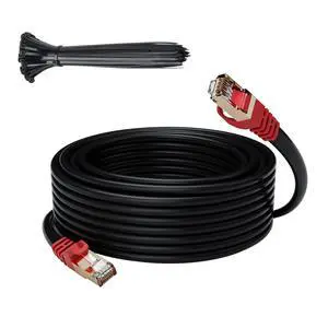 Cat 6E Cat 7 Outdoor Ethernet Cable 50 FT,Adoreen 10Gbps Heavy-Duty Shielded Internet Cable From 25-300FT,POE,SFTP,Waterproof Direct Burial&Indoor,Cat6A Cat7 Copper Network Cable RJ45 Patch Cord+Ties