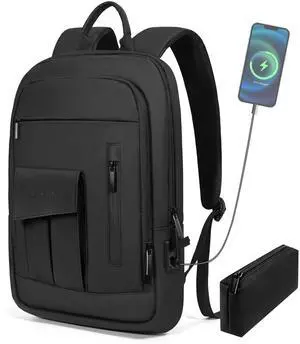 Business Backpack for Men Slim Lightweight Laptop Backpack for 17.3 Inch Computer Water Resistant Small Office Backpack for Commute Travel Daily Office Work with Small Bag (Black)