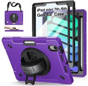 Case for iPad mini 7 (A17 Pro)/ Mini 6 8.3 INCH: TPU Cover for iPad mini 7th/6th Generation 8.3 Inch with Screen Protector- Stand + Handle + Shoulder Strap + Pencil Holder- Purple