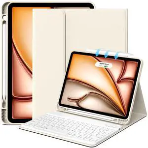 JKSML Keyboard Case for iPad Air 11 inch M3/M2(2025/2024), iPad Air 5th/4th Generation Case 2022/2020 10.9 inch, Detachable Wireless Bluetooth Keyboard Cover with Pencil Holder, Cream White