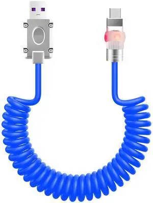 chubbycable Neon Chubby - Neon Glow Fast Charge Spring Cable with Gradient Illumination Coiled USB C Cable for Car, Blue, USB-A to Type-C, 1.64FT-4.43FT