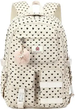 School Backpack for Teens Girls Women 15.6 Inch Laptop College Backpacks Corduroy Work Bag Kids Elementary Middle High School Bookbag Students Back Pack Travel Daypack Womens-Corduroy Beige Heart-1