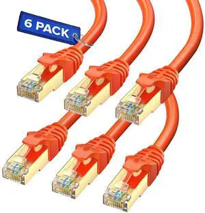 Cat7 Ethernet Cable 2 Feet  6 Pack High-Speed LAN Network Patch Cords, RJ45 Gold-Plated Connectors, 600MHz, 10Gbps  for Router, Modem, PC, Gaming, Streaming  Orange