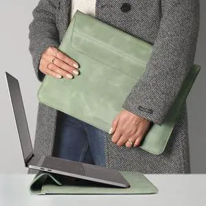 DAREhue 13" 14" 15" 16" Genuine Full Grain Leather Laptop Sleeve with Built-in Stand & Padding (Fits MacBook Air/Pro & Other 13.3/13.6/14.2/15.6 inch Laptops) (Mint Green, 15 - 16)