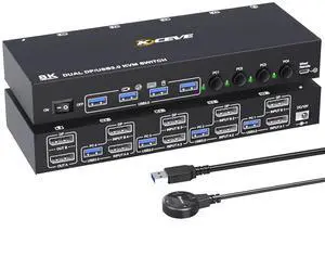 DP KVM Switch 2 Monitor 4 Computers Support 4K@60Hz USB 3.0 KVM Switches Share Dual Monitors and 4 USB 3.0 Ports Support Extended/Copy Mode with DC 12V Adapter&Wired Controller