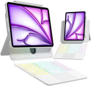Uminy Keyboard Case for 2024 iPad Pro 13-inch (M4), 360° Rotating Transparent Case with Wireless Keyboard, 7-Color Backlight, Multi-Touch Trackpad, with Pen Holder, White