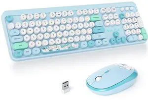 Fogruaden Wireless Keyboard and Mouse Combo, 2.4GHz Retro Typewriter Keyboard, 104 Full Size Round Keycap Cute Computer Keyboard with Number Pad, Blue Colorful Keyboard for Windows PC Laptop(Blue)