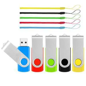 32GB Flash Drive USB Stick 5 Pack, USB2.0 Thumb Drive Pendrive for Data Storage Backup, Bulk USB Flash Drives Zip Drive USB Key with Layards, Jump Drive Memory Photo Stick Swivel Flashdrive, 5 Colors
