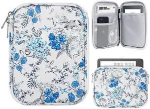 TiMOVO 6-7 Inch Tablet Sleeve for All-New Kindle Paperwhite and Kindle Colorsoft Signature Edition, Protective Sleeve Cover Case with Pocket for Kindle E-Reader/Kindle Oasis, Blue Flower & White