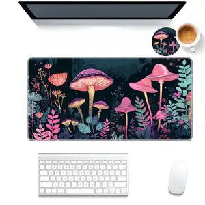 DHEEBFWE Gaming Large Mouse Pad for Desk,31.5x11.8in,Extended XL Big Mousepad, with Anti-Skid Rubber Base with Stitched Edges Writing Pad,Keyboard Mouse Mat,Office Desk Mat,Forest Mushroom Flower