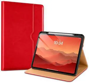 VIKESI Case for iPad Pro 13-inch (M4) 2024, Leather Stand Cover with Apple Pencil Holder, Auto Wake/Sleep, Multiple Viewing Angles, Built in Hand Strap & Pocket,Bright Red