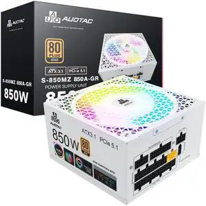 Auotac 850W Fully Modular Power Supply 80+ Gold Certified with 12V-2x6 Cable  ATX 3.1 & PCIe 5.1 Compliant, 140mm RGB Low-Noise Smart Fan, 105-Rated Capacitors, White