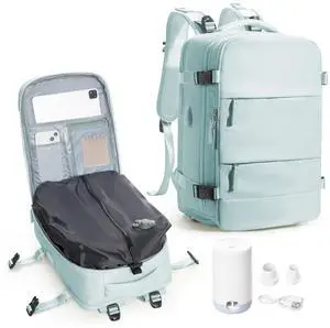 VENATIN Vacuum Backpack Travel,Travel Backpack with Vacuum System,Vacuum Seal Compression Backpack with Pump for Travel,Flight Approved 18x14x8 inches Laptop Bag,Light Blue