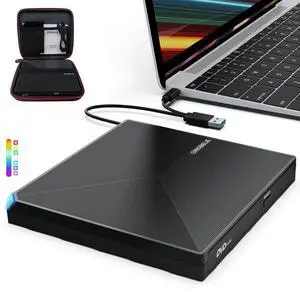 ORIGBELIE External CD DVD Drive, Portable Type C & A USB 3.0 DVD +/-RW Player Burner Reader Writer Optical CD ROM Disc Drive for MacBook Laptop Desktop PC Mac OS Windows Linux with Carrying Case