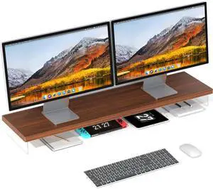 SSWOOD Dual Monitor Stand Riser, 40" Large Computer Monitor Stands for 2 Monitors, Wooden Desktop Organizer Shelf for Office Desk Computer, Laptop, TV, Monitor, Printer
