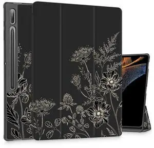 Tuiklol Tablet Case for Samsung Tab S10 Ultra (2024 Release) / Tab S9 Ultra 14.6 Inch (2023 Release), Built-on Pencil Holder Slim Hard Shell Case Trifold Stand Cover Auto Wake/Sleep, Black Flowers