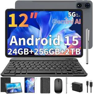 Relndoo 2025 12 Inch Tablet, 24GB8+16 RAM+256 Storage(Expand to 2TB), Android 15 Tablet with Keyboard, Octa-Core, 2K 2000x1200 Display, 16MP Dual Camera, 8000mAh, 5G WiFi,GPS,Bluetooth 5.0Black