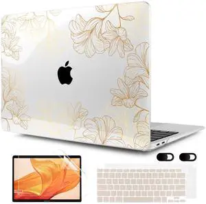 MEEgoodo for MacBook Air 13 inch Case 2021 2020 2019 2018 Released A2337 M1 A2179 A1932 with Touch ID, Plastic Hard Shell & Keyboard Cover Compatible with MacBook Air 13.3, Drawn Golden Floral