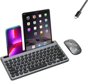 Wireless Keyboard and Mouse Combo with Phone Tablet Holder, Rechargeable Dual-Mode (Bluetooth 5.0 and 3.0 +2.4G) Multi-Device Silent Mouse for Windows, iPad, Tablet, MacOS,iOS,Android (Grayish Black)