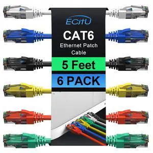 Cat6 Patch Cables 5 Feet (6 Pack), Cat 6 Ethernet Cable, 24AWG CCA Cord, UTP Network, Internet Cable, Compatible for PC, Laptop, Routers, Switches, Servers, Printers, RJ45 LAN with 25 Cable Ties - 5FT