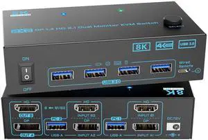 8K Displayport 1.4 + HDMI 2.1 Dual Monitor KVM Switch 2 Monitors 2 Computers 2 in 2 Out 2 Ports KVM Switches Max Support 8K@60Hz/4K@144Hz for 2 PCs Share 2 Screens and 4 USB 3.0 Devices