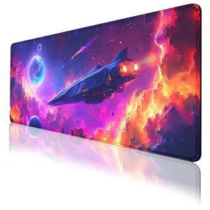 Galaxy Gaming Mouse Pad, Spaceship Stars Purple Blue Orange Futuristic Desk Mat, Non-Slip XL Computer Big Mouse Mat with Keyboard Pad for Work, Gamer, Office, Home 31.5 x 11.8 inch