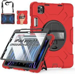 Case for iPad Pro 11 Inch 2022/2021/ 2020/2018: Silicone Cover for iPad 11 Inch 4th/ 3rd/ 2nd/ 1st/ Generation with Screen Protector- Stand- Handle- Shoulder Strap- Pencil Holder- Red