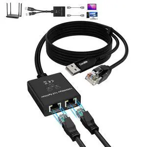Gigabit Ethernet Splitter 1 to 2 Out Adapter, RJ45 Splitter with 6FT USB Power Cable and RJ45 Input Cable 3 in 1, Network Splitter 1 Male to 2 Female, 1K Mbps High Speed, Supports Cat5/5e/6/7/8 Cable