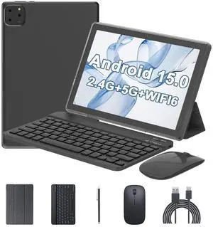 Android 15 Tablet 10 Inch, 12(3+9) GB RAM+64GB ROM, 2 in 1 Tablets with Keyboard Case Mouse Stylus, 1.8GHz Five-core Processor, 1280 * 800 IPS HD Screen, 5G WiFi6 BT 5.3, 8MP Camera Tableta PC