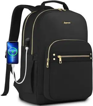 bagswan Black Laptop Backpack for Women 15.6 inch Adult Backpack Business Computer Backpacks Purse Travel Work Anti-theft College Bags with USB Charging Port Light Back Pack