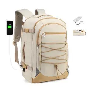 SUIKIHUM Carry on Travel Backpack, Flight Approved Personal Item Bag for Men Women, Door Lock, USB A/C Port, Shoe Bag, Fits 16" Laptop, Beige
