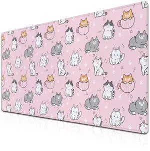 Samgula Gaming Mouse Pad Pink, Large Mousepads Computer Desk Mat, XXL Mouse Pad Gaming Non-Slip Rubber Base Waterproof with Stitched Edges, 35.4 X 15.7 inch for Work/Game/Office/Home Cartoon Cat