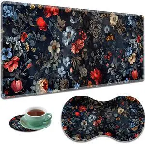 Large Gaming Mouse Pad + Mouse Wrist Rest Pad + Coaster Combination, 31.5 "x 11.8" Durable Non-Slip Extension Table Mat, Suitable for Office and Home, Black Flower