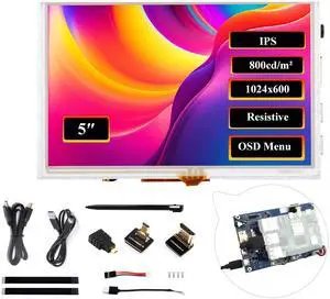5inch HDMI Touch Screen 1024x600, Resistive Touch IPS Display, Compatible with Raspberry Pi 5/4B/3B+/3B/Zero 2W/Zero W/Zero/Pico/Pico W, Win 11/10/8.1/8/7/Jetson Nano (Narrow-Bezel Resistive Touch)
