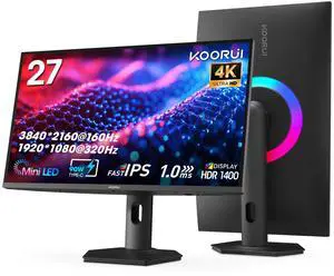 KOORUI 27" 4K QD-Mini LED Gaming Monitor - Dual-Mode (UHD 160Hz or FHD 320Hz), 0.5ms, 99% Adobe RGB, HDR1400, 90W USB-C, HDMI 2.1/DP1.4, VESA, Tilt Height Swivel Vertical Adjustment, Black, S2741LM