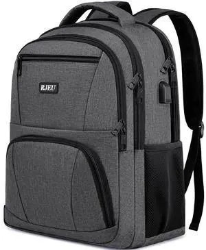 RJEU School Backpack for Teens & College Students - 17.3 Inch Laptop Backpack with USB Charging Port, Water Resistant Travel Bookbag for Men, Women, Business & University, Grey