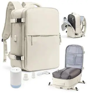 Vacuum Seal Travel Backpack with Air Pump,Compression Vacpack Waterproof Carry On Backpack for Travel Women Men with Vacuum System,Airlines Approved Daypack Laptop Space Saver Bags,Beige