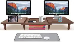 Dual Monitor Stand Riser - Solid Wood 3 Panels Laptop Riser with Storage for Phone/Mug - Home/Office Desk Organizer with Adjustable Length & Angle - Modern Computer Stand for PC, Laptop, & more (Brown