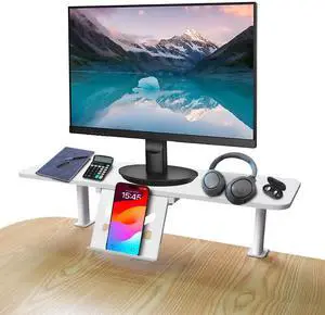 Aizami Clamp-On Monitor Stand Riser with Phone/Pad Holder, Height Adjustable from 6.7" to 10.7", Computer Desk Shelf for Laptop, PC, Home Office Workstation (White)