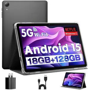 Tablet Android, Android 15 Tablet 10 Inch Tablets, Tablets for Adults, Octa-Core, 18GB RAM+128GB ROM+1TB Expand, 1280x800 IPS Display, , Widevine L1, GPS, 2.4G/5G WiFi, 5MP+8MP Camera, BT5.4, Black