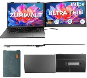 ZUMWALT Laptop Screen Extender, 14" FHD 1080P Dual Portable Monitor for Laptop, Ultra-Thin Travel Monitor Extender Fit 13-17.3, Plug and Play Compatible with Windows/Mac/Android/Chrome/Switch