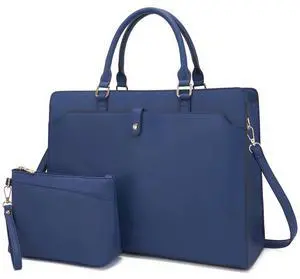 YZAOLL 15.6 Inch Laptop Bag for Women,Lightweight Vegan Leather Work Tote with Clutch Purse,Water-resistant Business Briefcase - Large Capacity Office Bag for Travel,College Essentials(Gift),DarkBlue