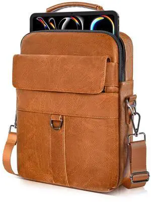 13 Inch Laptop Shoulder Bag Leather Briefcase for iPad Air 13 inch M3 M2 2025 2024, iPad Pro 13" M4 with Magic Keyboard, iPad Pro 12.9 6/5/4/3, Vertical Laptop Sleeve Messenger Computer Bag, Brown