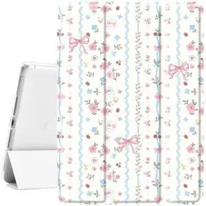 Idocolors Cute Kawaii Floral Bunny Bow Pad Case for 11 Inch iPad Air(2024), Clear TPU Smart Stand Back Cover with Pencil Holder, Auto Wake/Sleep Foldable Shockproof Protective Case for Women Girls