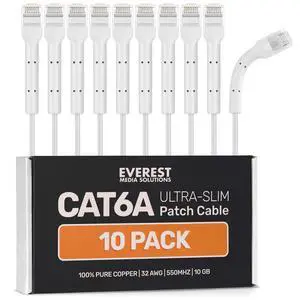 Everest Ultra Slim Cat6a Ethernet Patch Cables 5ft (10-Pack) White - 10GB Cat 6a Patch Cable - Bendable, Flexible & Thin Ethernet Cable - Space Saving 32AWG 550MHZ Cat6a Cables - 100% Copper Wires