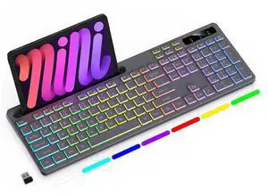 Soueto Wireless Keyboard with 7-Color RGB Backlit, Full-Size Computer Keyboard with Phone Tablet Holder, 2.4G Rechargeable Gaming Keyboard with Light Up Keys, Compatible with Mac, Windows (Grey)