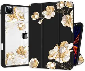 Yebiseven Case for iPad Air 5th/Air 4th Generation 2022 2020, Clear Acrylic Back Shell for iPad Air 10.9 inch, Shockproof Tablet Case with Auto Sleep/Wake + Pencil Holder, Cherry Flowers