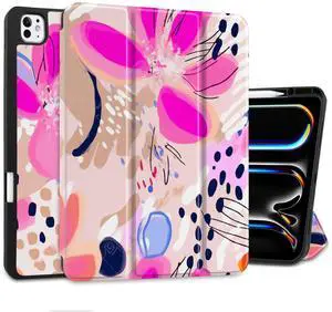 DONGKE for iPad Pro 13 inch M4 Case 2024 - [Built-in Pencil Holder Supports Pencil Pro and Pencil USB-C] Ultra Thin Soft TPU Back Cover with Trifold Stand Support Auto Wake/Sleep - Floral Artistic